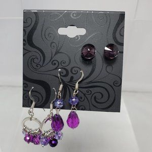 Amethyst trio earrings with silver fish hook and pierced